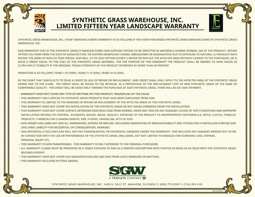 Artificial turf 15 year limited warranty certificate